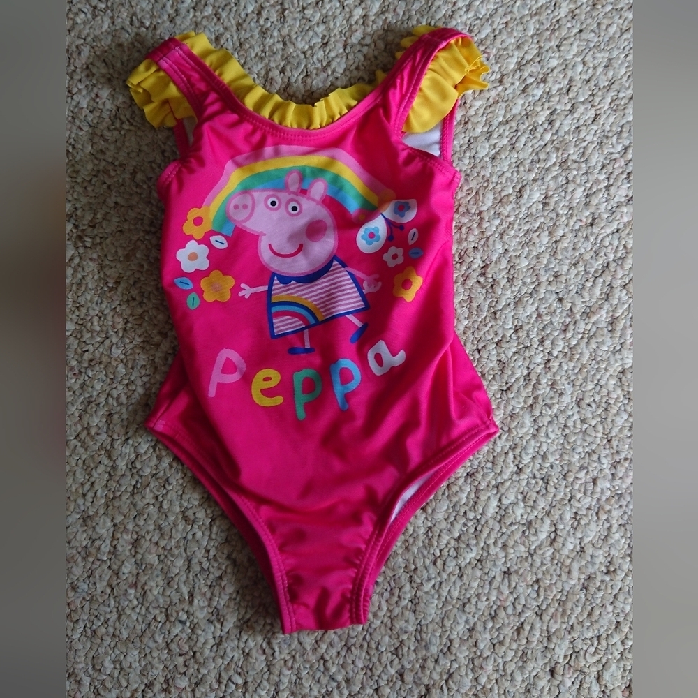 Peppa Pig Hot Pink One-Piece Swimsuit with Yellow Ruffle Shoulders